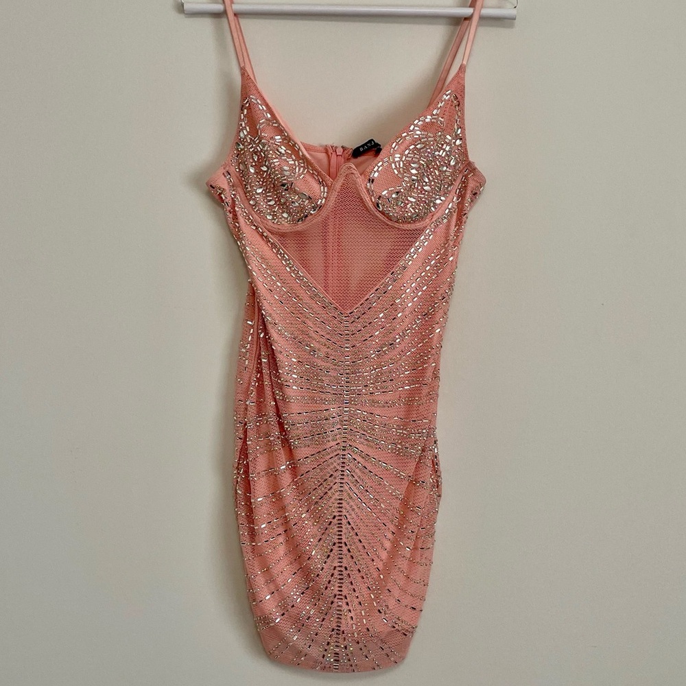 Rhinestone Embellished Peach Bodycon Dress